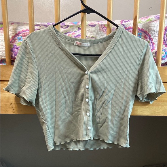 Green Ribbed Button down Crop Top - Picture 1 of 5